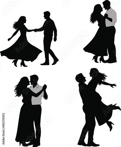 Set of Romantic Dancing Couple Silhouettes for Wedding, Ballroom, and Salsa Events