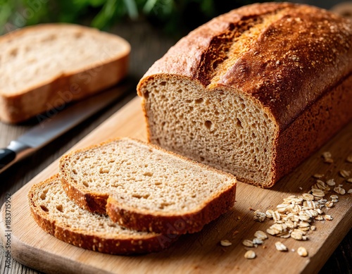 Fresh whole grain bread cut into slices lies in a cutting board and knife.
