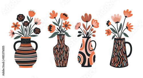 Set of four illustrations of beautiful flower bouquets in highly decorative, patterned vases with a modern, artistic, and bohemian aesthetic.