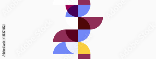 Abstract geometric shapes form spiral pattern. Purple, blue, yellow hues dominate white background. Minimalist design, modern aesthetic.