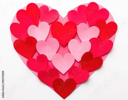 Red and pink paper hearts folded into a heart shape on a white background. Valentine's Day card.