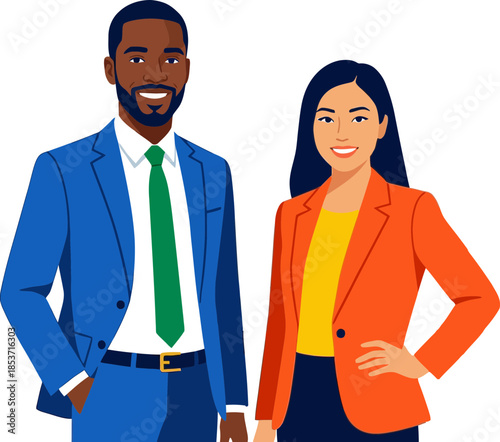 Professional diverse business team featuring a confident man and woman smiling, dressed in colorful formal attire with a solid black background