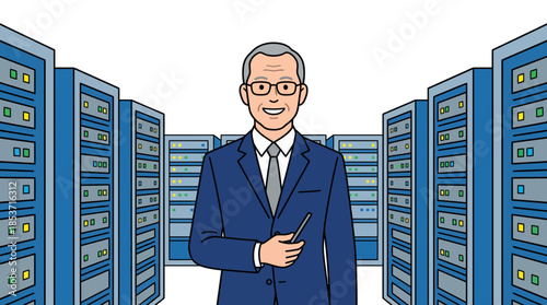 Professional male IT technician managing data servers in a high-tech data center with a confident smile and modern equipment on a dark background