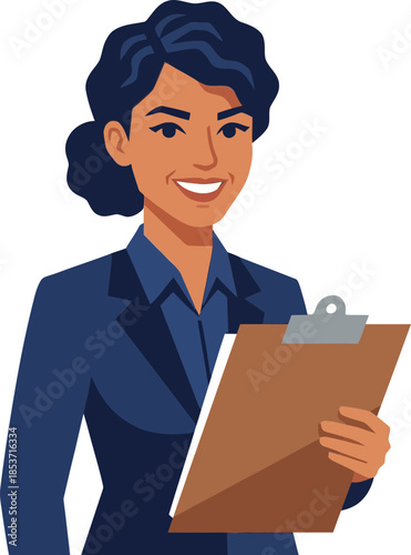 Professional woman confidently holding a clipboard with a welcoming expression on a transparent background emphasizing career professionalism and