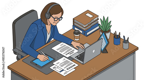 Professional woman working at a desk with multiple devices and documents in a modern office environment with a black background