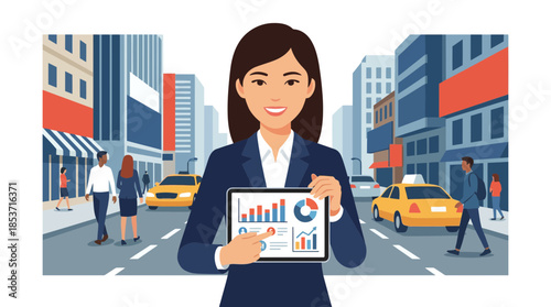 Urban professional woman using digital tablet in bustling city street with skyscrapers and pedestrians on a vibrant day