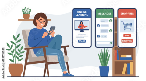 Young woman engaging with online education messages and shopping apps from home with digital devices on a cozy living room setup on a minimalistic