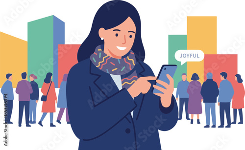 Woman happily using smartphone amidst a diverse group of people in an urban environment with colorful buildings on a transparent background