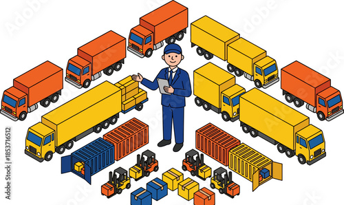 Illustration of a logistics manager overseeing colorful delivery trucks and cargo containers arranged in a neat configuration with a dark background