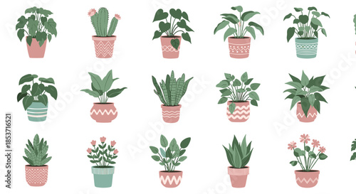 Seamless repeating pattern of various cute houseplants in colorful, patterned pots, creating a cozy urban jungle theme on a white background.