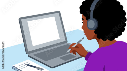 illustration of a person working on a laptop with headphones and stylus in a minimalistic digital workspace with workspace tools and gadgets with a