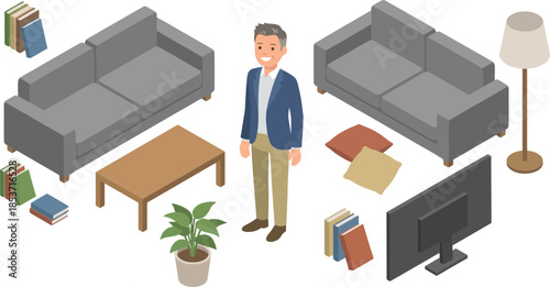 Modern living room scene with a smiling man surrounded by contemporary furniture and home decor elements with a transparent background