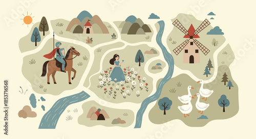 Charming fairytale map illustration showing a knight on a horse, a princess in a garden, a windmill, and geese by a river.