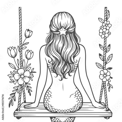 mermaid on swing with flowers and flowers