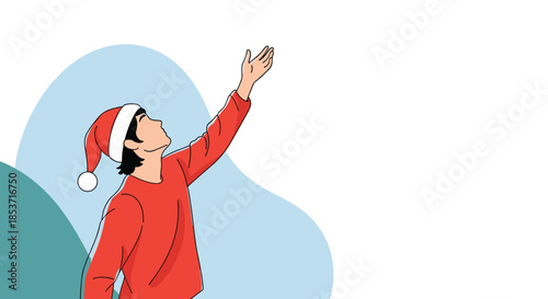Simple line art illustration of a person wearing a red sweater and Santa hat, looking up and reaching with one hand hopefully.