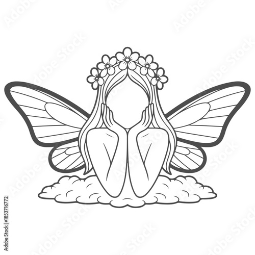 a coloring page of a fairy with wings