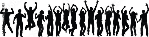 Jumping silhouette people, dancing crowd vector, celebration pose set, energetic human shapes, party movement icons, festive group activity - flat vector illustration