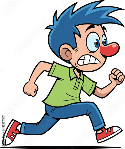 Cartoon running character, blue spiky hair, red nose figure, dynamic motion pose, expressive face, humorous action scene - flat vector illustration