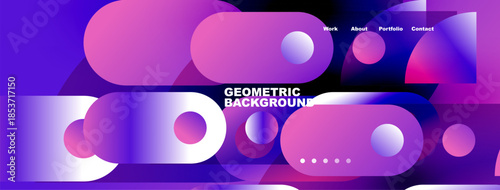 Abstract geometric background. Purple, blue hues dominate design. Navigation menu present, modern aesthetic.