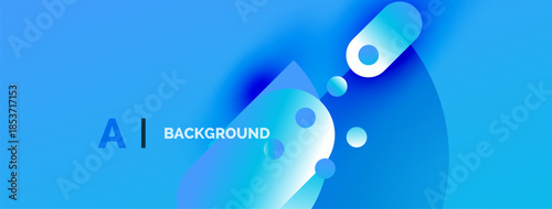 Bright blue background features abstract shapes, gradients, text AI BACKGROUND. Modern design suggests technology, innovation, digital concepts.