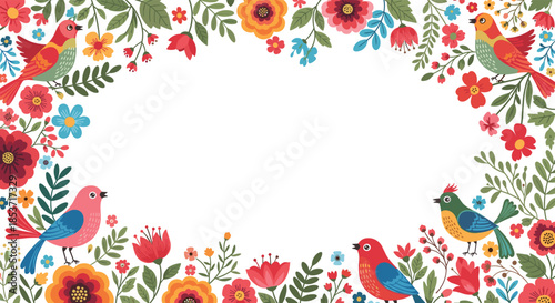 Beautiful rectangular frame made of colorful folk art style flowers and birds, with a blank white space in the center for text.