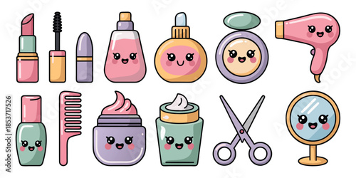 Cute cartoon makeup and hair salon icons with kawaii faces featuring lipstick mascara hair dryer scissors and various cream jars on white back