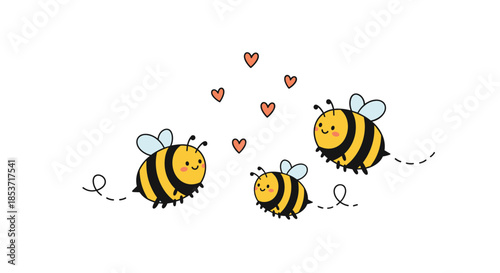 Sweet and simple drawing of a loving bee family with two parent bees and one baby bee flying together with little pink hearts.
