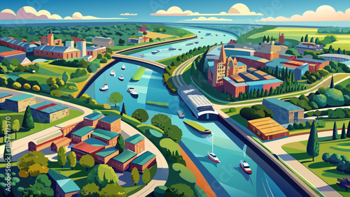 Very beautiful aerial photography above the River Thames in Reading, England, capturing winding waterways, green riverbanks, and surrounding urban development under soft natural light.