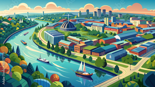 Very beautiful aerial photography above the River Thames in Reading, England, capturing winding waterways, green riverbanks, and surrounding urban development under soft natural light.