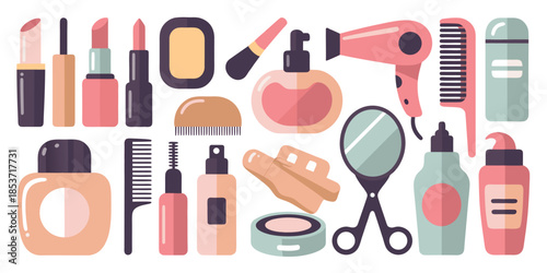 Assorted beauty and makeup products collection including lipsticks perfume hairdryer combs and various cosmetics on white background