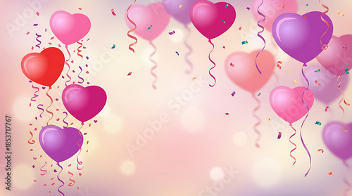 Romantic Valentine Day Heart Balloons Background with Pink Purple and Red Balloons and Confetti. Dreamy Aesthetic Bokeh Effect for Wedding Celebration, Birthday Party, Holiday Greeting, and Love Theme