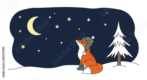 Charming winter scene illustration of a cute fox in a colorful hat looking up at the moon and stars in a snowy landscape.