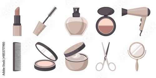 Beauty accessories collection including lipstick mascara perfume compact powder hairdryer comb pressed powder face cream scissors and hand mirror on white background
