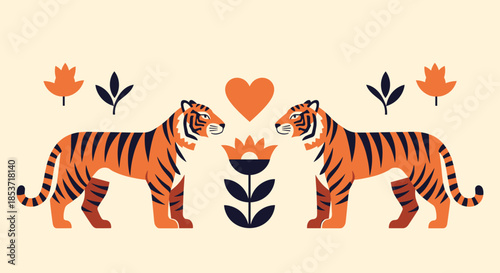 Symmetrical folk art illustration of two tigers facing each other with a heart and floral element between them, in a warm color palette.