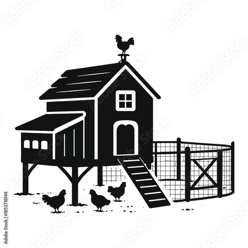 Black silhouette of chicken coop with hens