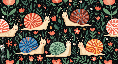 Charming and colorful seamless pattern of cute, smiling snails with brightly patterned shells crawling among flowers and leaves on a dark background.