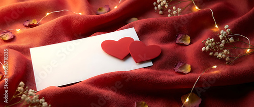Luxury Red Silk Fabric Background with White Gift Card and Red Hearts Decorated with Dried Flowers and Fairy Lights. Elegant Romantic Texture for Valentine Wedding High-end Branding and Anniversary Ca