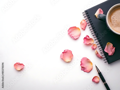 Creative LOVE Word Made of Pink Rose Petals with Coffee and Notebook Flat Lay, Romantic Minimalist Style for Valentine Day, Wedding Planning, Feminine Journaling and Love Themed Social Media.