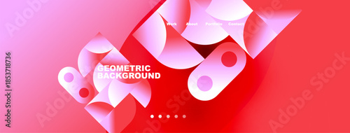 Abstract geometric shapes, pinks, blues create modern design. Text elements present, dots indicate navigation options.