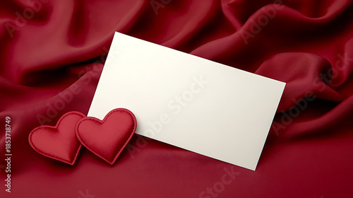 Luxury Red Silk Fabric Background with White Gift Card Mockup Red Hearts Dried Flowers and Fairy Lights. Elegant Texture for Valentine High-end Branding Wedding Invitation and Anniversary.