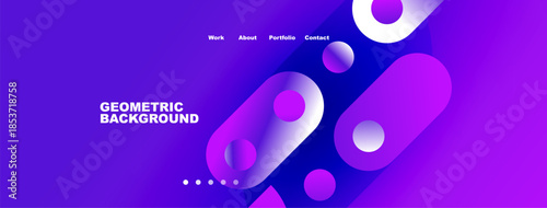 Abstract geometric design. Purple, blue gradients dominate. Navigation links present. Minimalist style, modern aesthetic. Clean presentation.