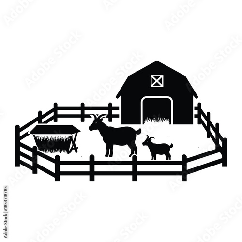 Black silhouette of farm goats in fenced pen illustration