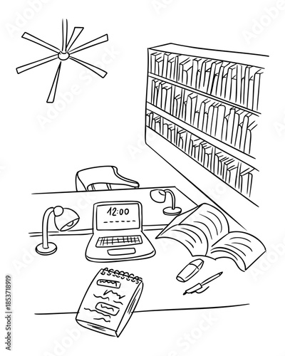 Hand drawn study room interior with desk, laptop, books and library shelves in minimalist line style isolated on white background. The image represents education, higher learning, research process