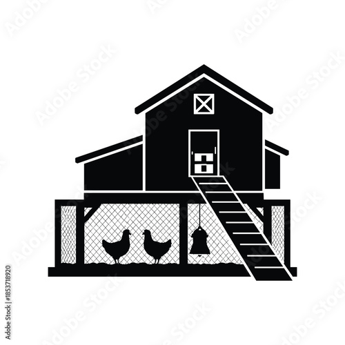 silhouette of a chicken coop with hens