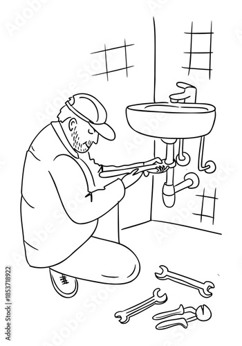 Hand drawn plumber repairing sink with tools in bathroom interior line illustration isolated on white background. The image represents home maintenance, plumbing service, repair work