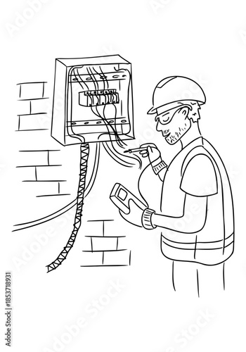 Hand drawn electrician working with electrical panel and testing wires in industrial line style isolated on white background. The image represents electrical service, safety maintenance