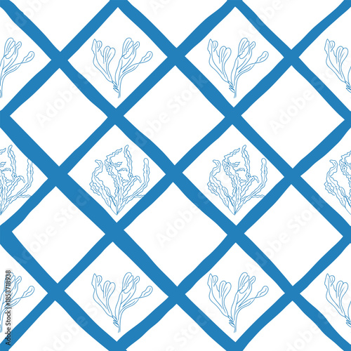 Hand drawn seamless seaweed pattern with marine plants arranged in geometric diamond grid on white background. The image represents ocean nature, coastal decor, underwater life