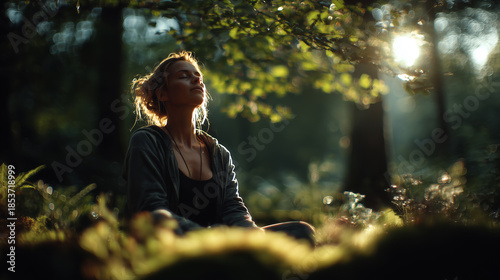 Woman meditating in serene forest at sunrise, embracing peace and mindfulness in nature