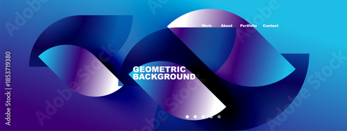 Abstract design features flowing shapes, vibrant blue hues, text geometric background, navigation menuwork, about, portfolio, contact.
