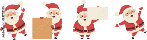Cartoon Santa Claus in festive poses, Christmas character vector illustration, blank sign holiday artwork for greeting cards, ads, and seasonal stock content